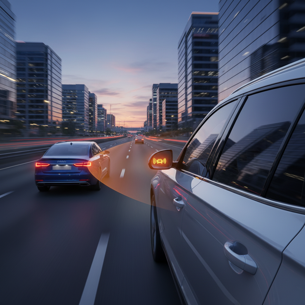 차량 측면 사각지대에서 다가오는 차량을 감지하는 BSD 센서 작동 장면