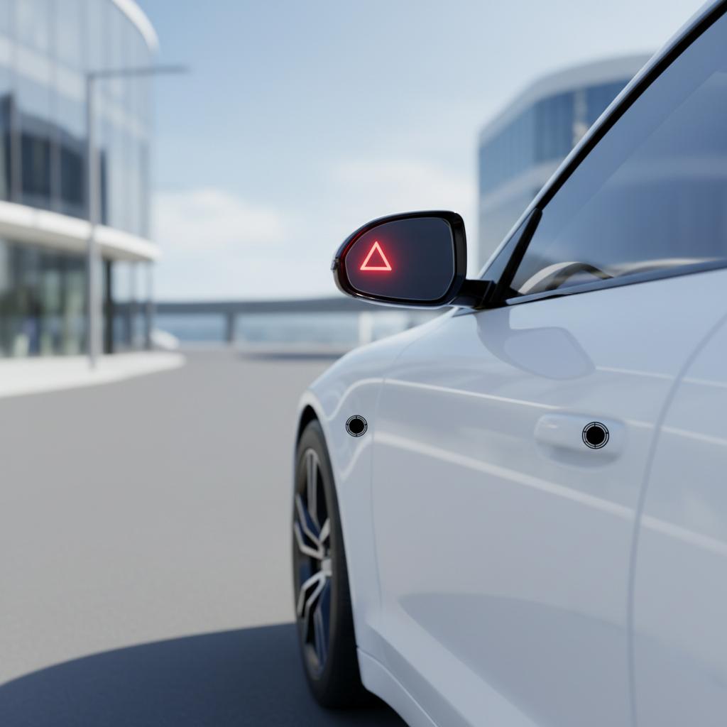 BSD 시스템 센서가 부착된 차량 후방 범퍼와 사이드미러 경고등 표시 장면