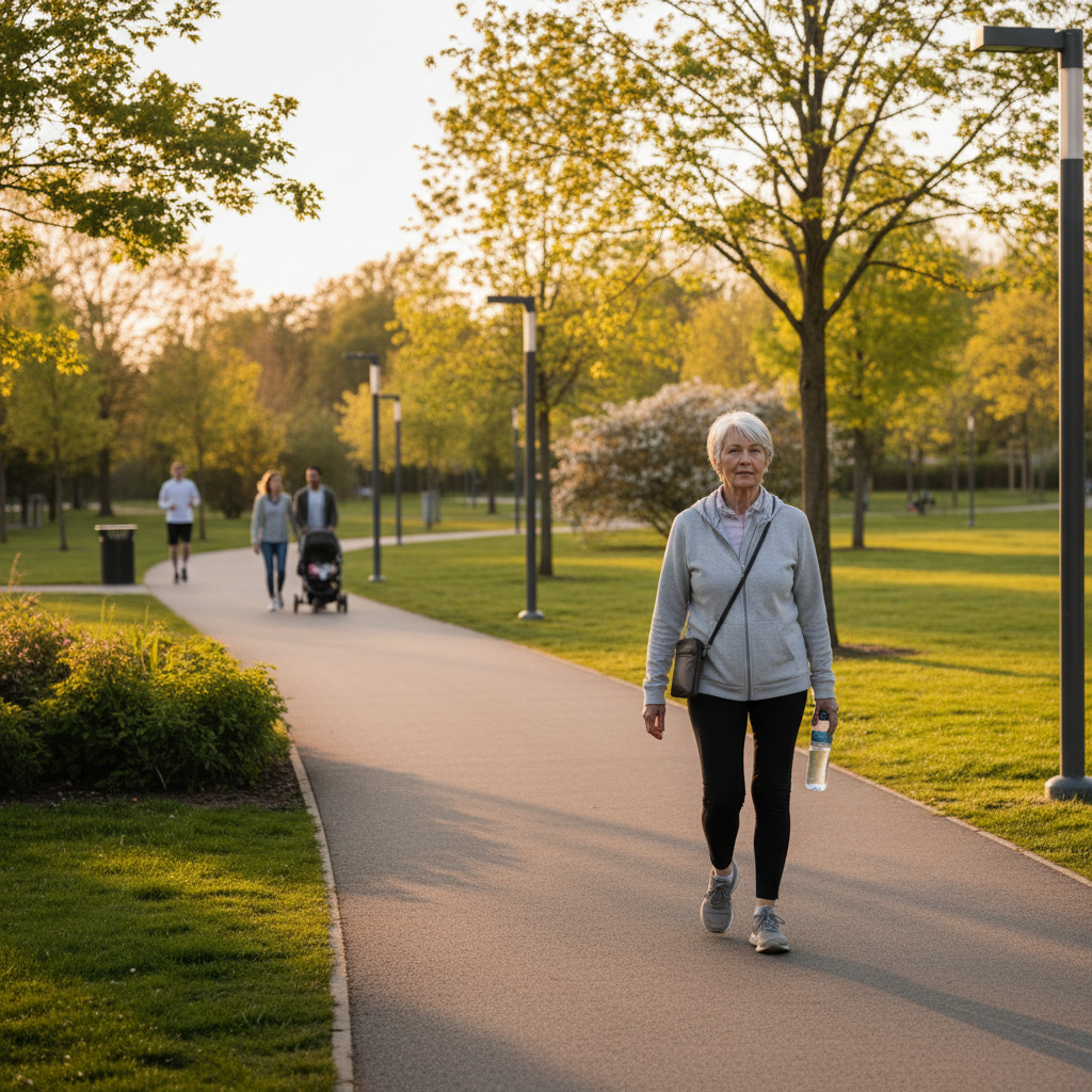평지 공원 산책로를 천천히 걷는 시니어의 모습