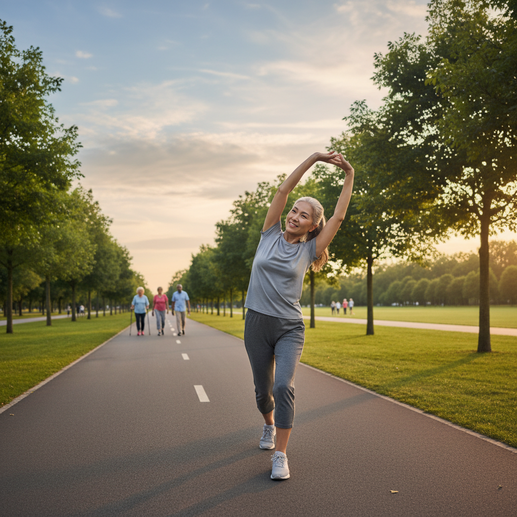 걷기 전 스트레칭하는 시니어와 평지 산책로 풍경