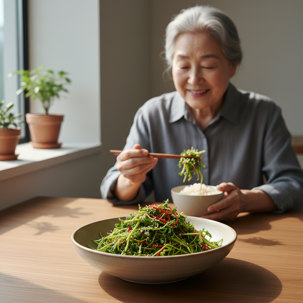 봄나물 무침을 담은 접시와 어르신이 식사하는 모습