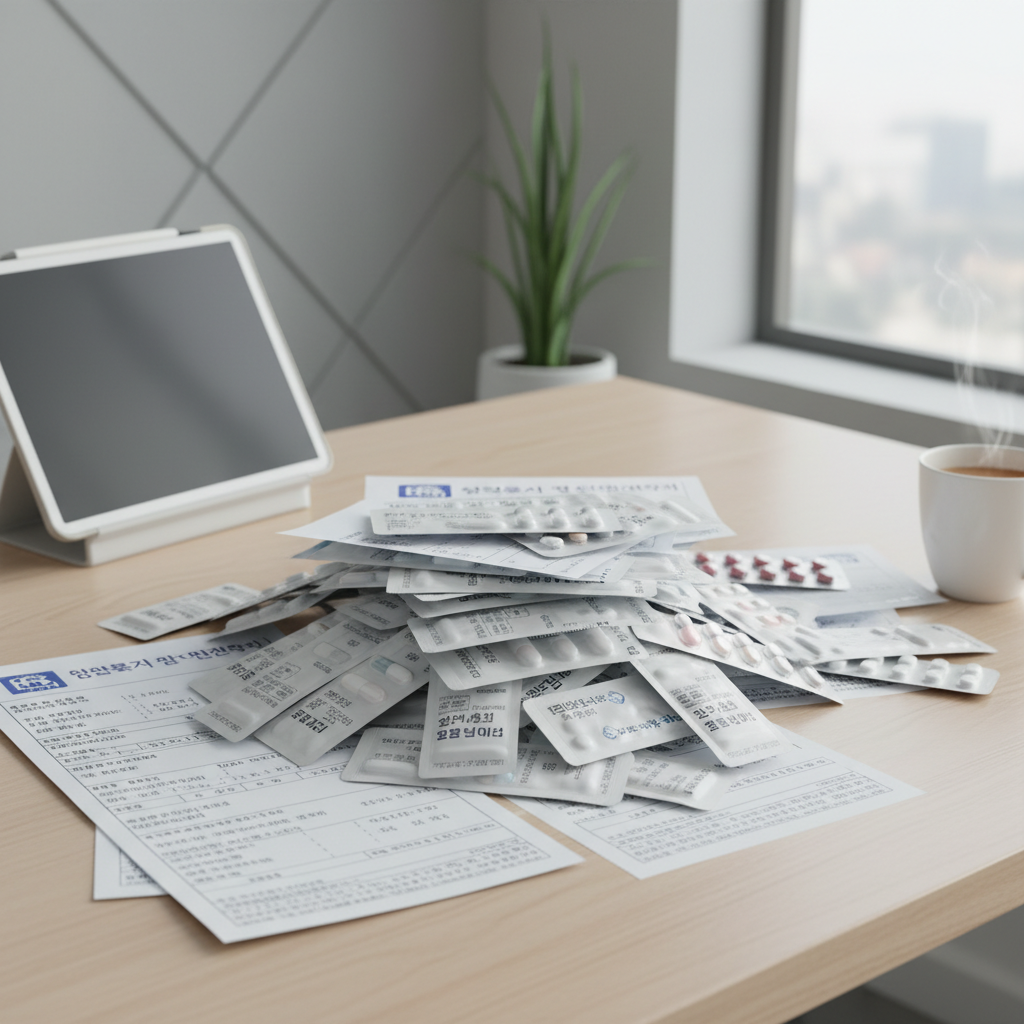 여러 병원 처방전과 약봉지가 쌓여 있는 책상 위 모습