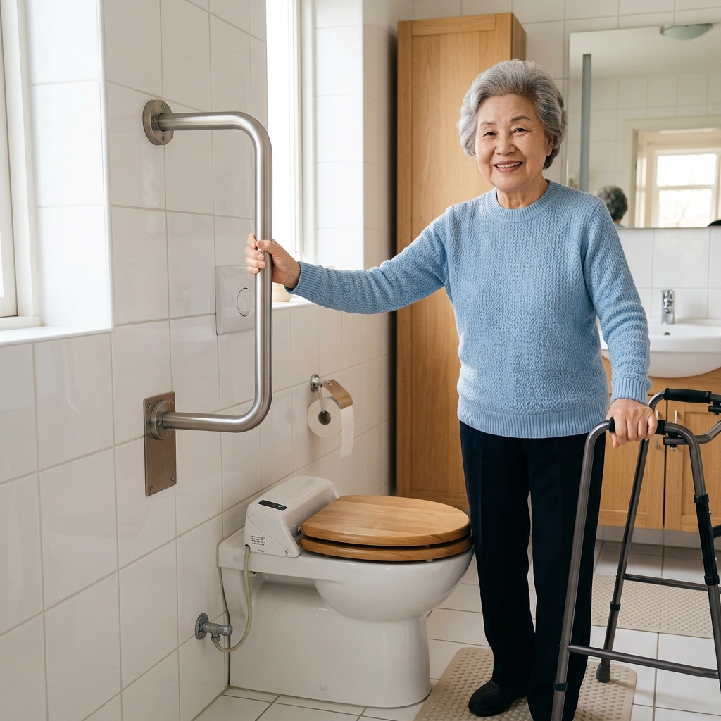 화장실 변기 옆 벽면에 안전손잡이가 설치된 모습