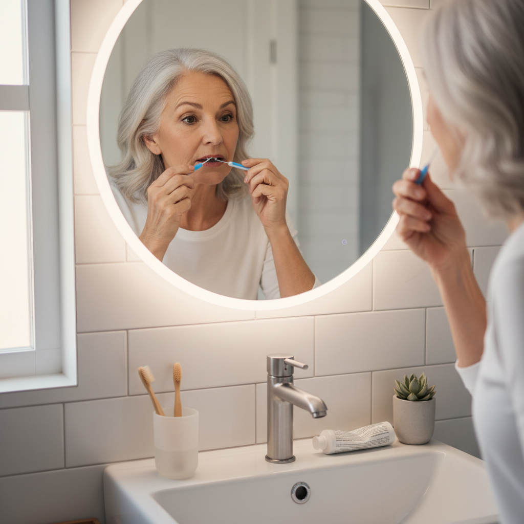시니어가 거울 앞에서 치간칫솔을 사용하는 모습