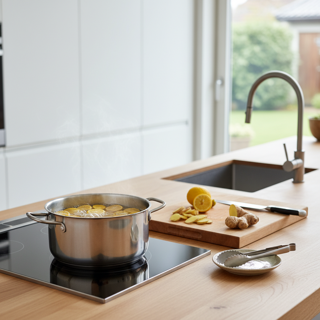 생강과 유자를 직접 썰어 끓이고 있는 주방 장면