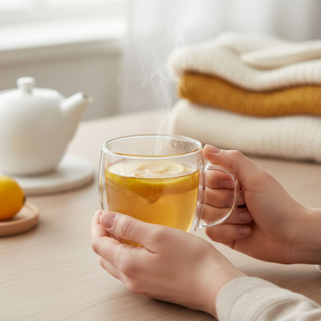 따뜻한 생강차 또는 유자차를 손으로 감싸 들고 있는 모습