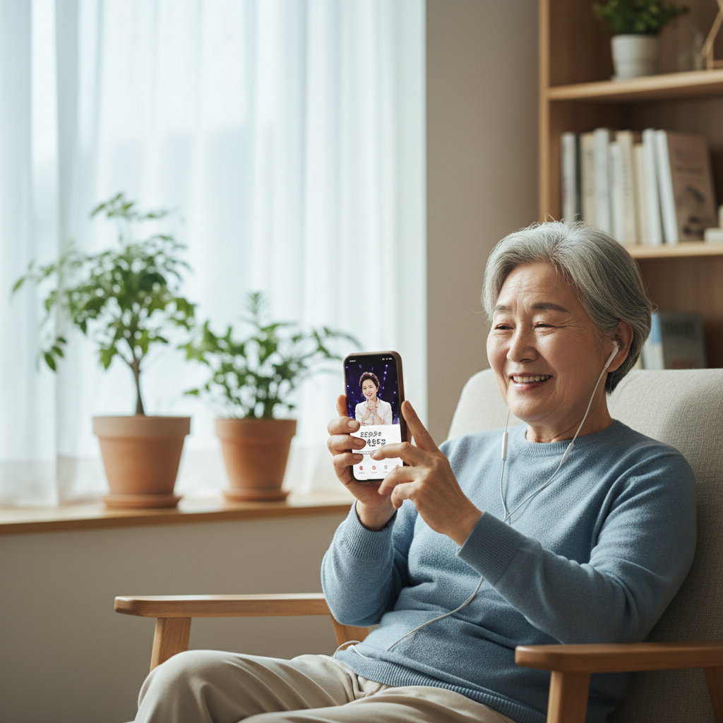 스마트폰으로 유튜브 트로트 음악을 듣고 있는 어르신의 편안한 표정