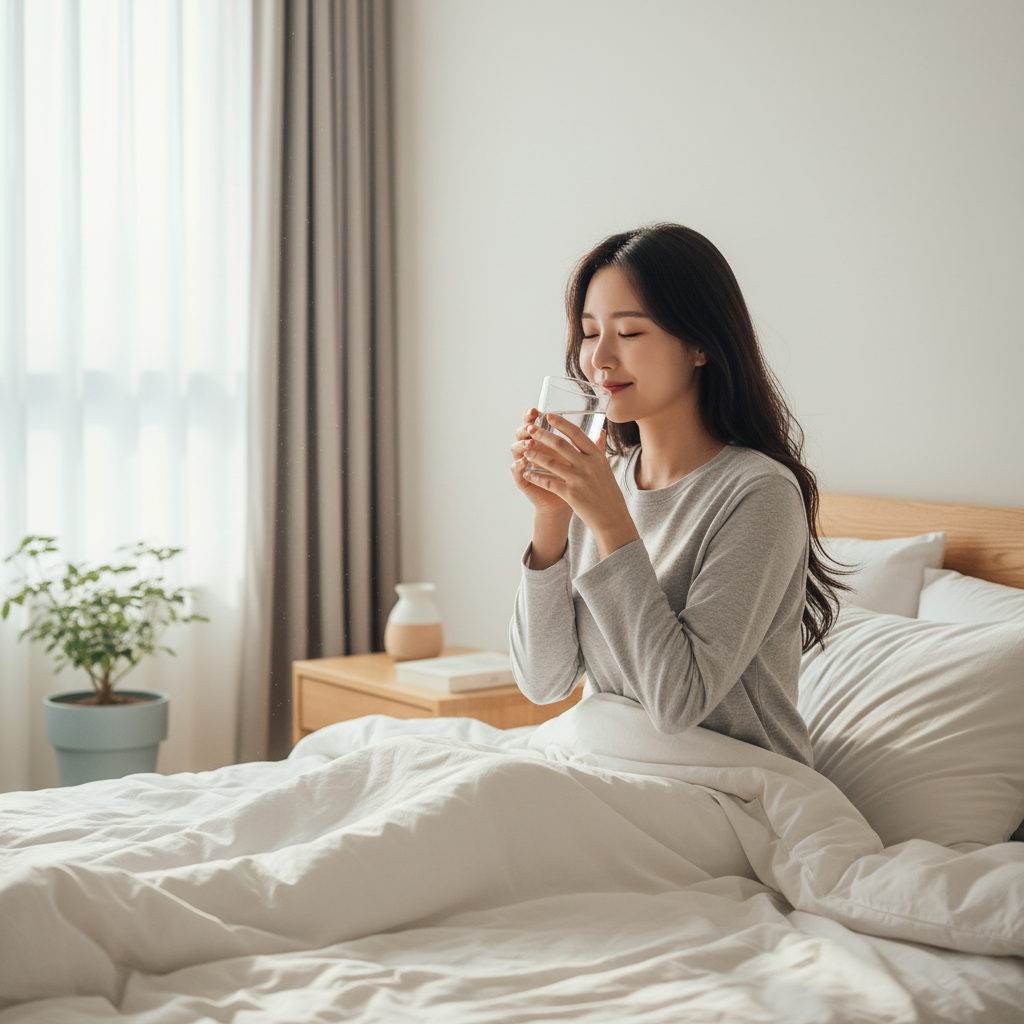 아침 침대에서 일어나 따뜻한 물 한 잔을 마시는 한국인 여성의 모습