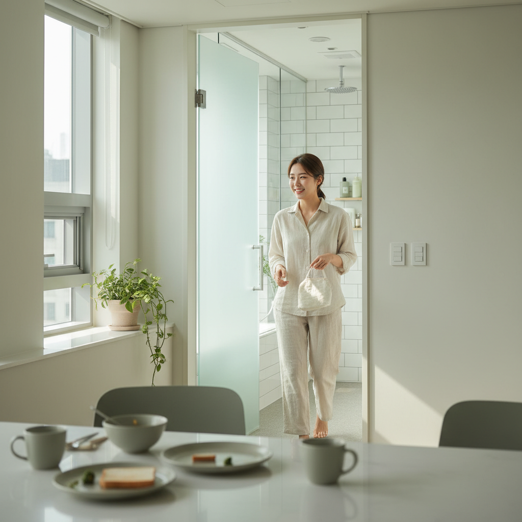아침 식사 후 밝은 표정으로 화장실로 향하는 한국인 여성의 일상 장면