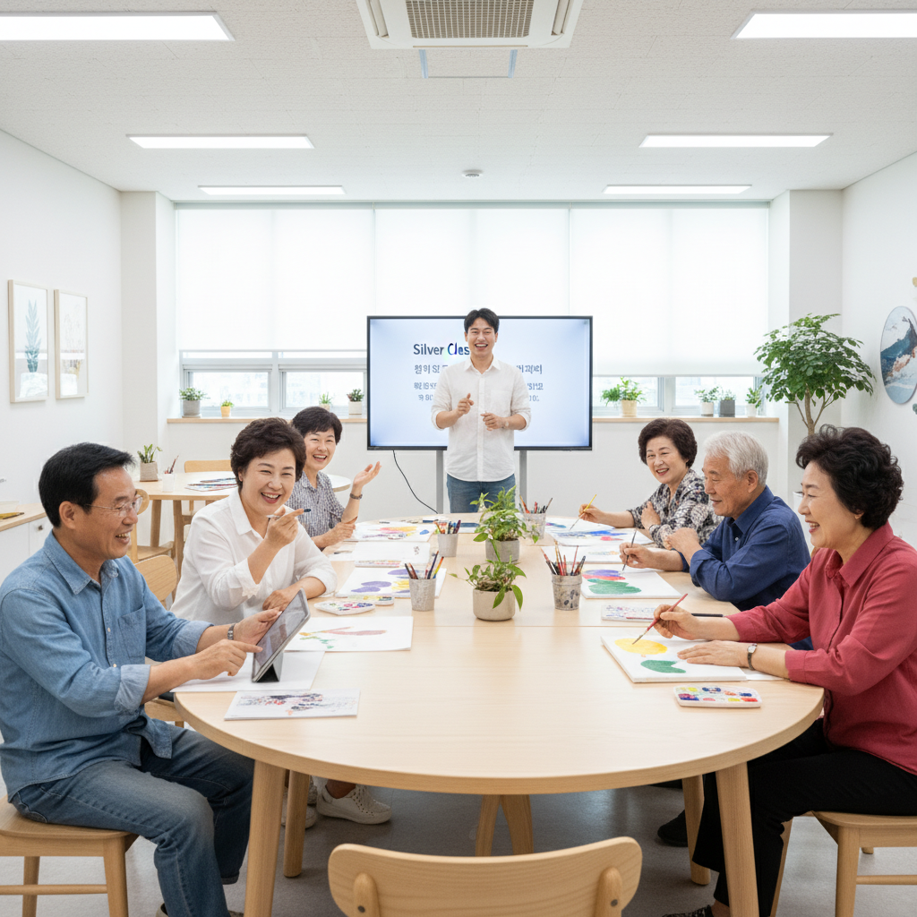 실버 학과 수업을 듣고 있는 한국인 시니어들의 밝은 표정