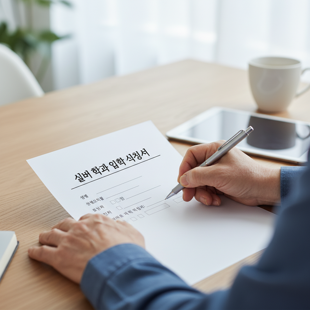 실버 학과 입학 신청서를 작성하는 한국인 시니어의 손
