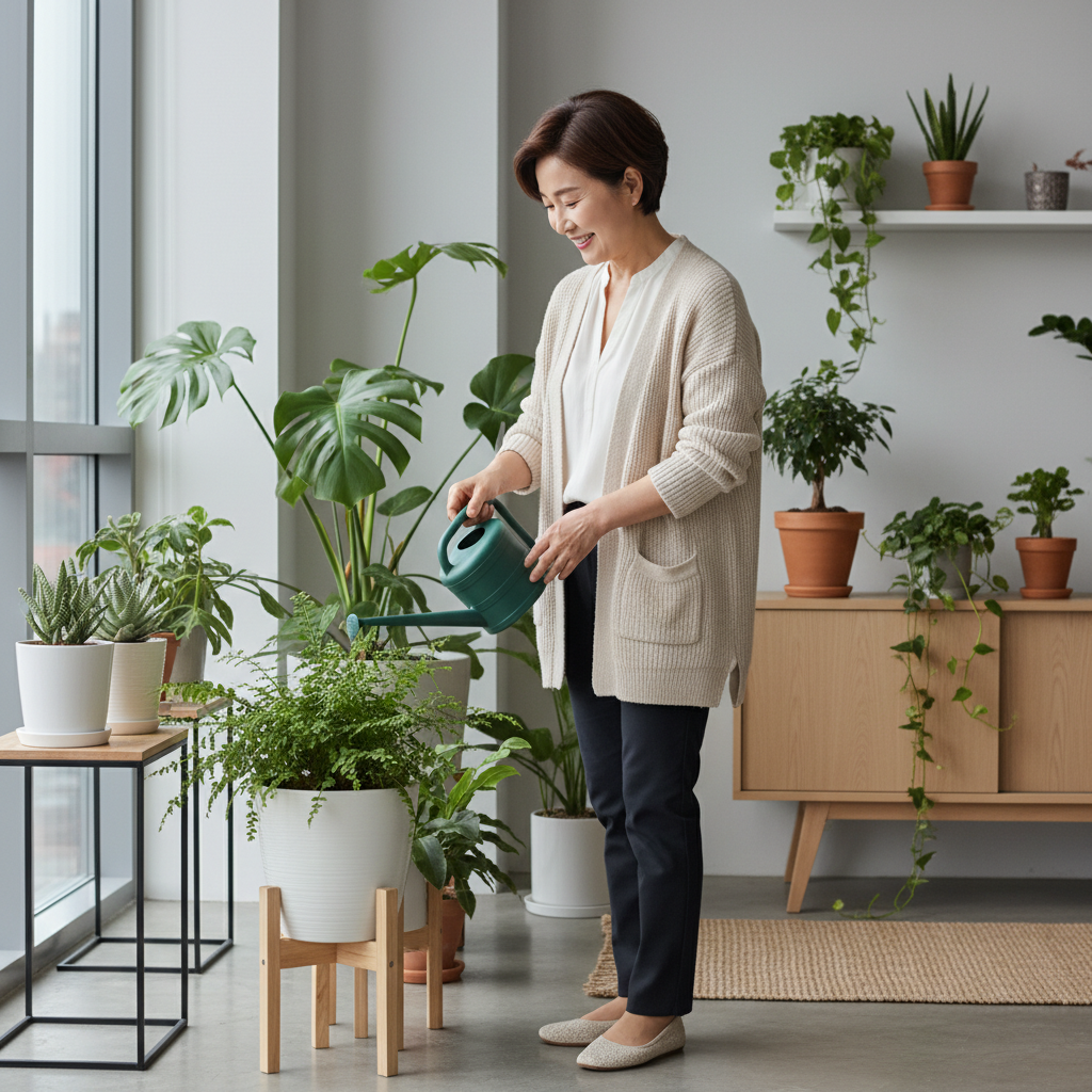 실내에서 화분을 돌보며 미소 짓는 60대 한국인 여성