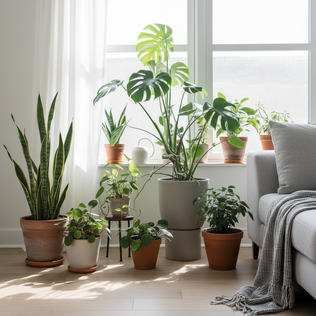 반려식물 화분 여러 개가 놓인 밝은 실내 창가