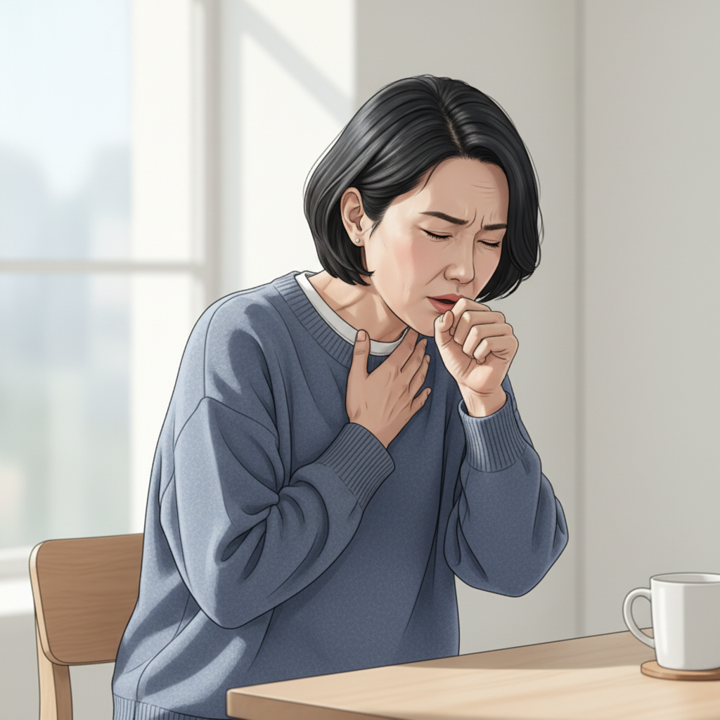 목을 감싸며 기침하는 중년 한국인의 모습
