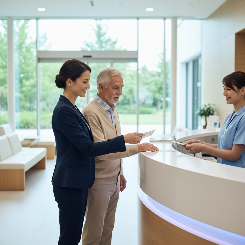 전문 매니저가 시니어와 함께 병원 접수 창구 앞에서 대기표를 받고 있는 장면