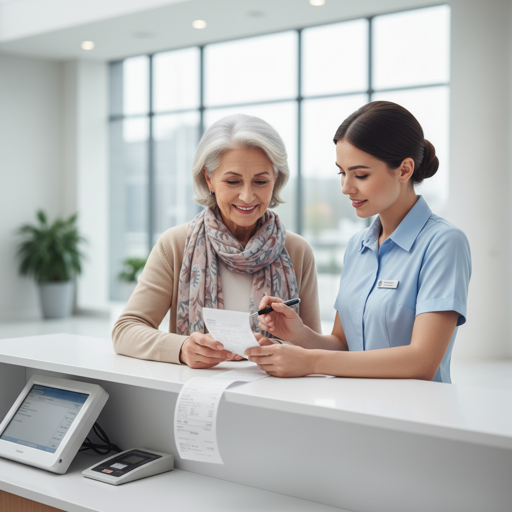 시니어가 병원 수납 창구에서 매니저와 함께 영수증을 확인하는 모습