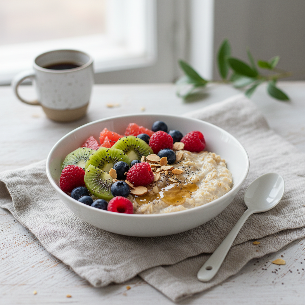 귀리 오트밀과 과일이 담긴 아침 식사 그릇