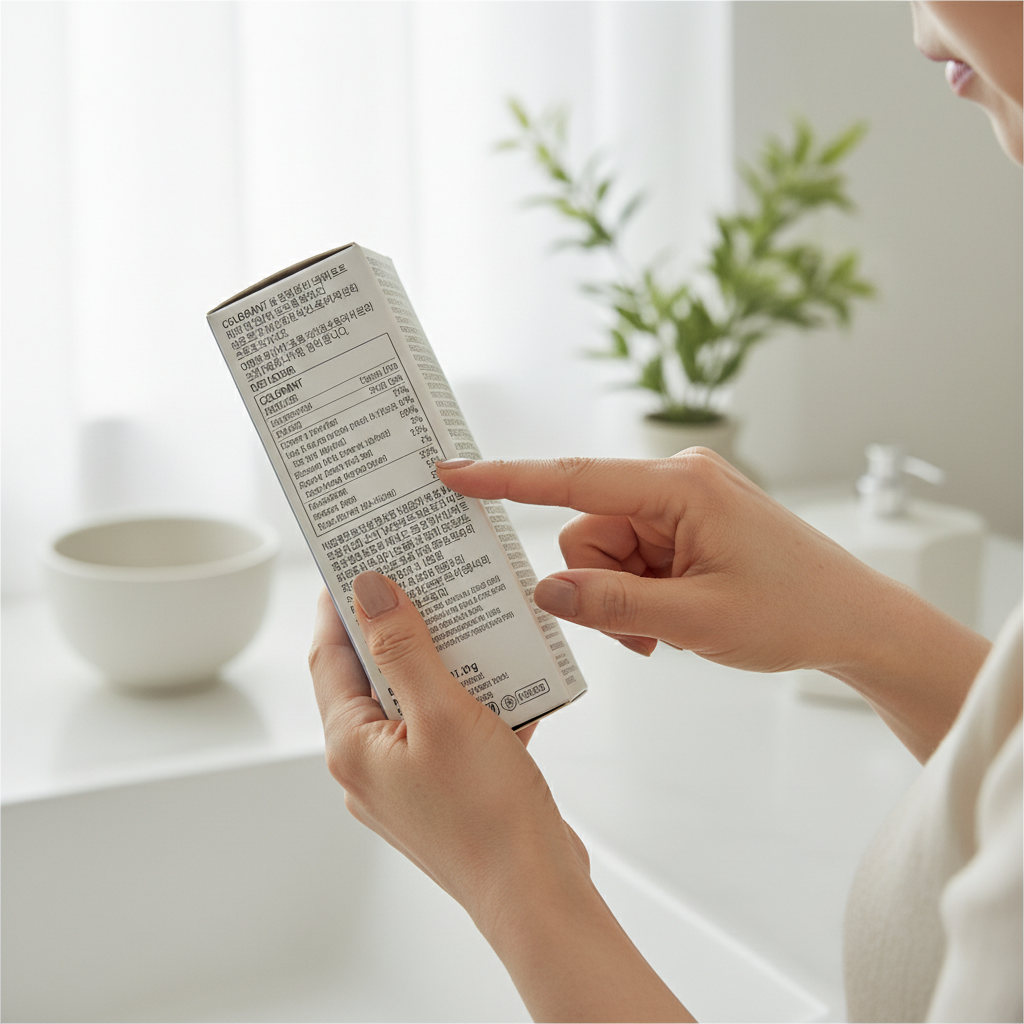 염색약 성분표를 확인하는 한국인 중년 여성의 손