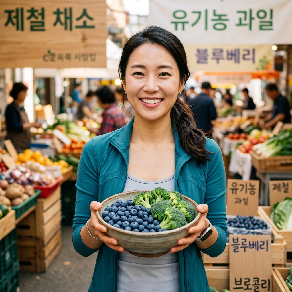 신선한 블루베리와 브로콜리가 담긴 그릇을 들고 있는 30대 한국인 여성