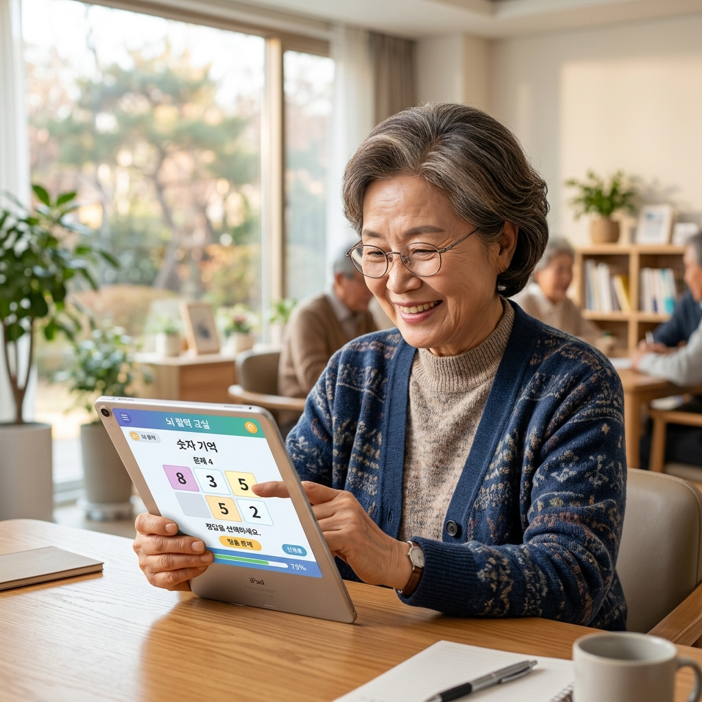 70대 시니어가 태블릿으로 인지훈련 프로그램을 하는 장면