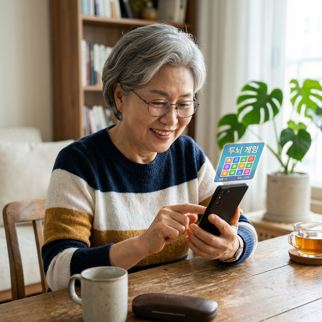 시니어가 스마트폰 앱으로 두뇌 게임을 하는 모습