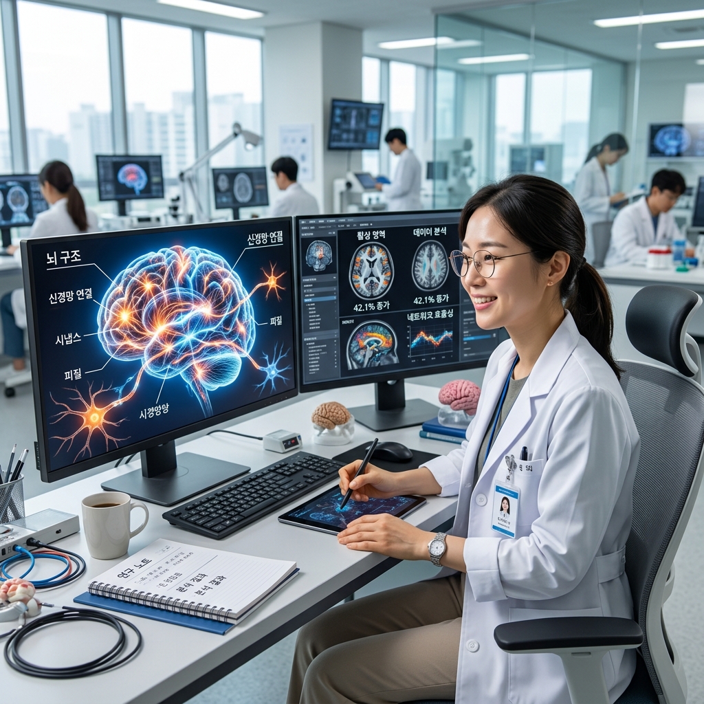 뇌 신경망이 연결되는 모습을 표현한 일러스트, 한국인 연구자가 뇌 영상을 분석하는 장면