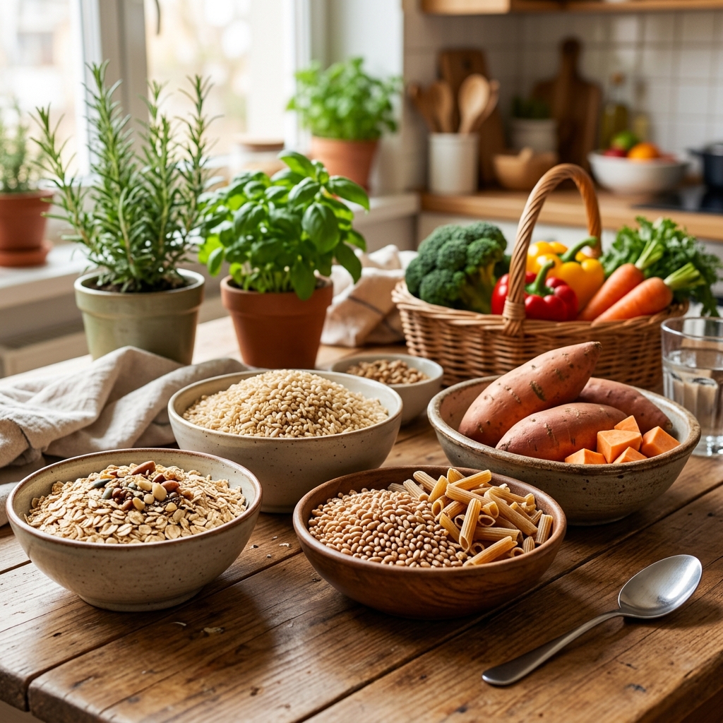 복합 탄수화물 식품(현미, 귀리, 통곡물, 고구마 등)이 담긴 그릇들