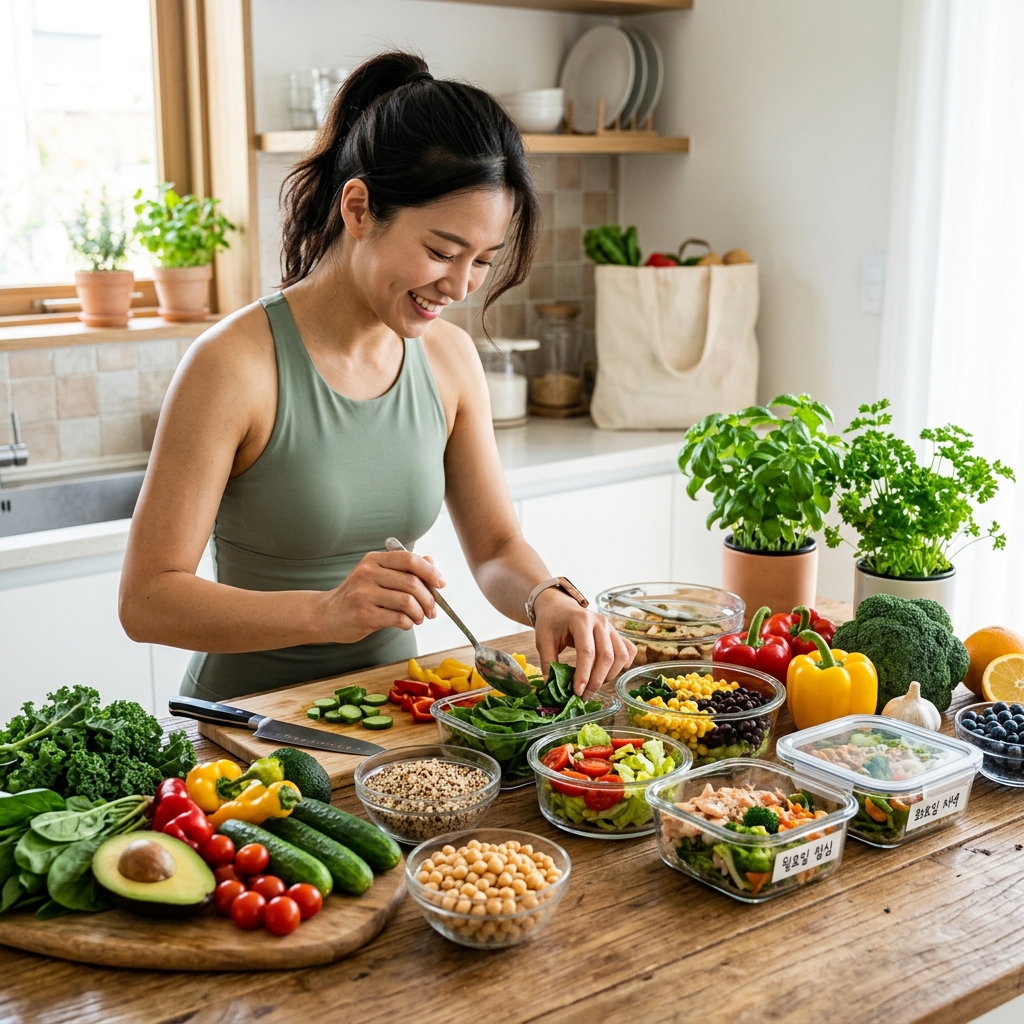 신선한 채소와 과일이 담긴 식단 준비 장면