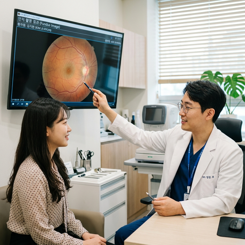 안저 촬영 결과를 모니터로 확인하며 설명하는 안과 전문의와 환자