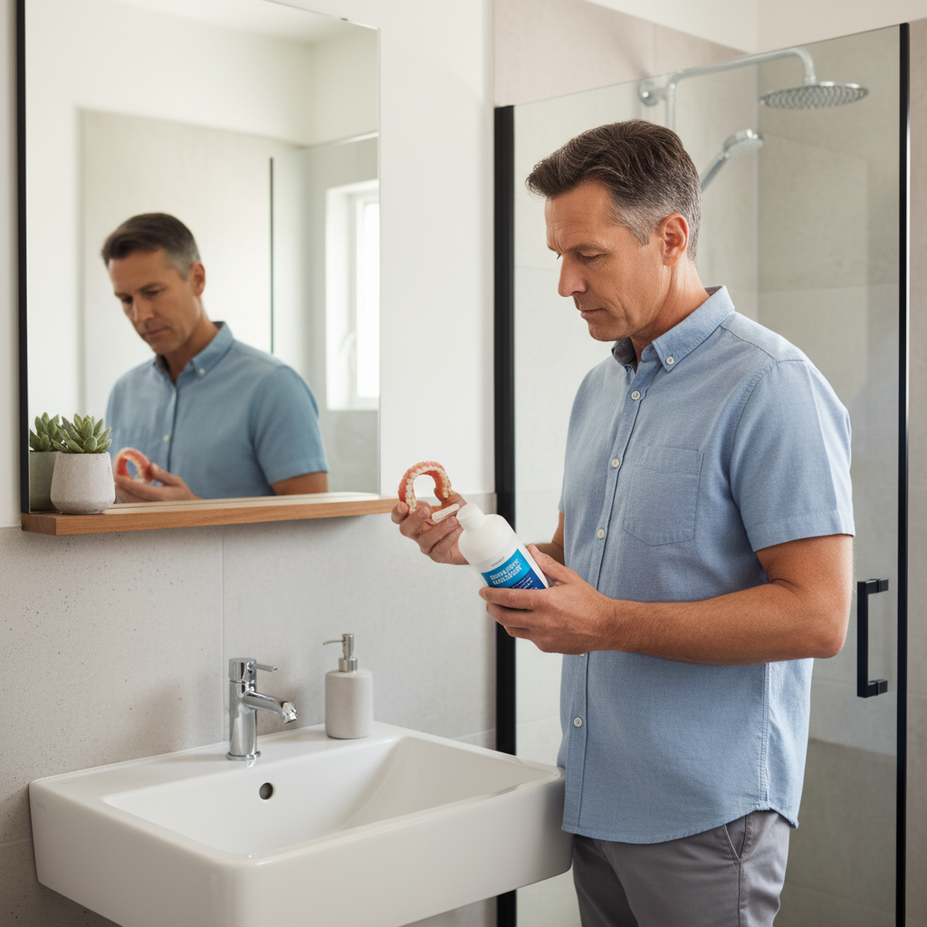 욕실 세면대에서 중장년 남성이 틀니를 들고 전용 세정제 용기를 확인하는 자연스러운 실내 장면