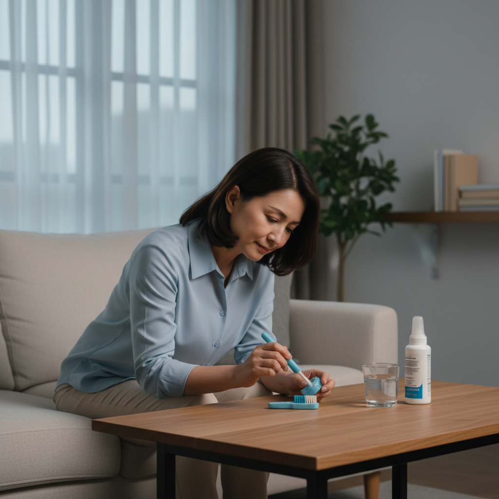 거실 테이블에서 중장년 여성이 틀니 전용 브러시와 세정제로 저녁 세척을 준비하는 현실적인 생활 장면