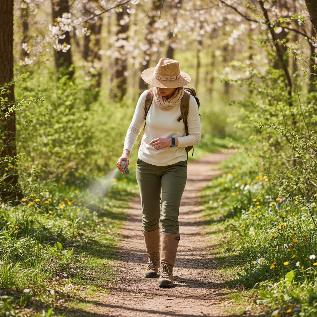 봄철 산책길에서 긴소매 옷을 입고 진드기 예방 중인 사람의 모습