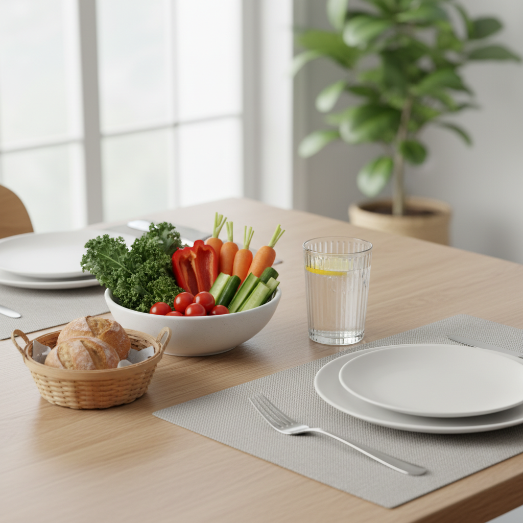 물 한 잔과 신선한 채소가 놓인 식탁