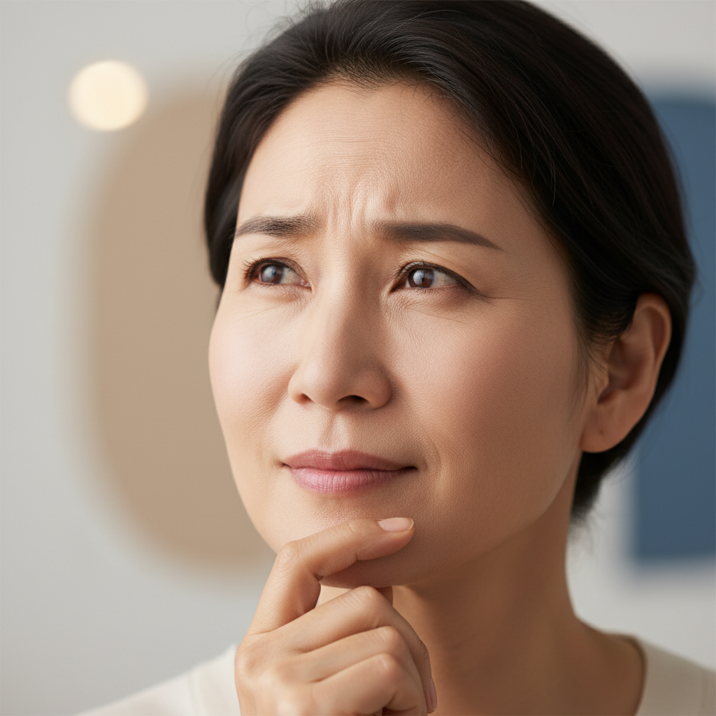 힌트를 주며 기억을 떠올리는 중년 한국인의 얼굴 클로즈업