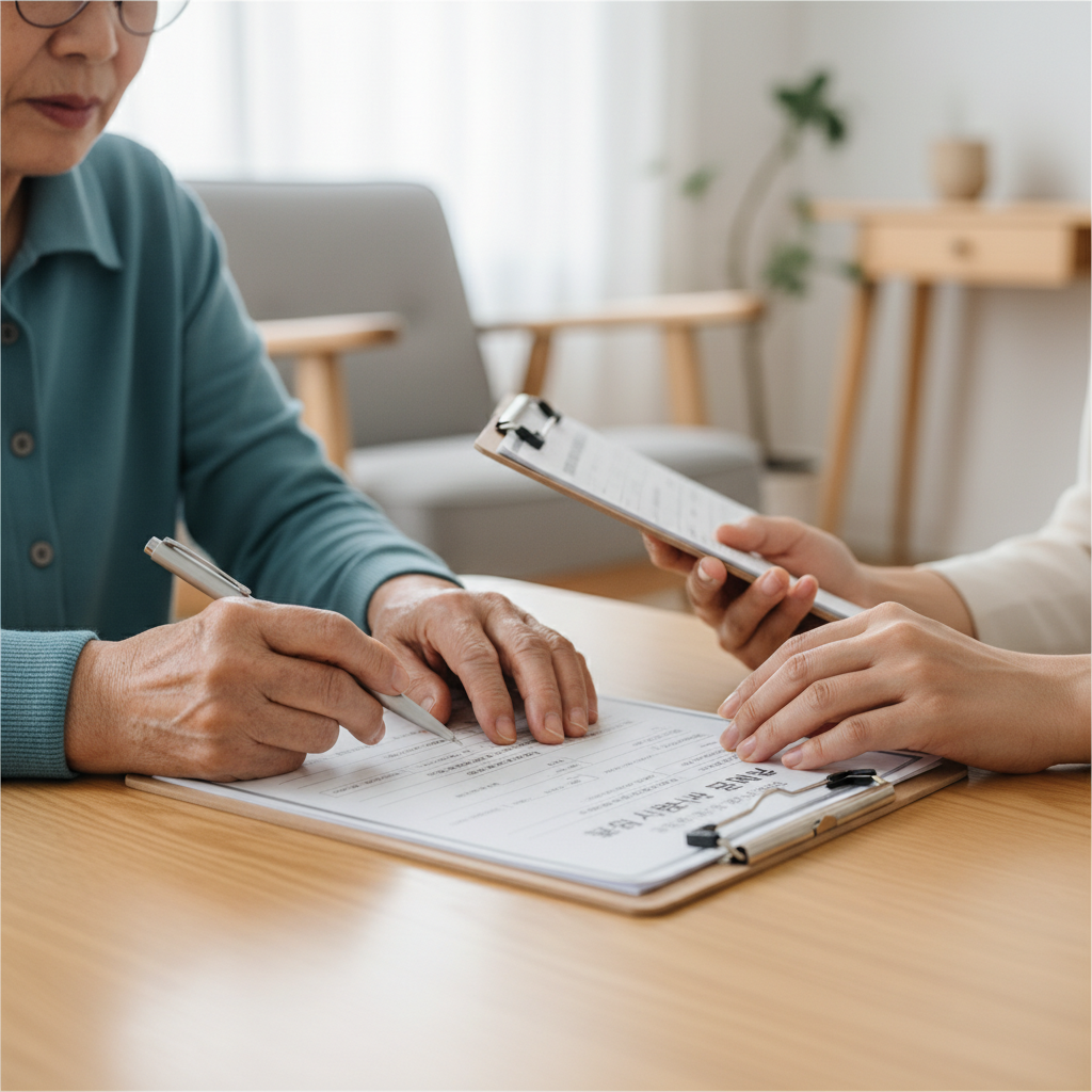 치매 검사 문진표를 작성하는 노인과 상담사의 손
