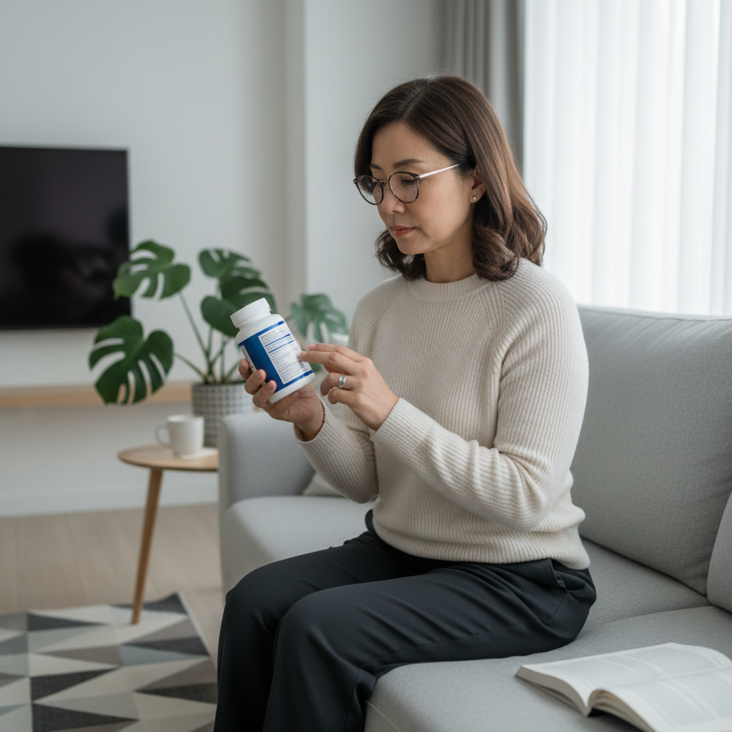 중년 여성이 거실에서 관절 영양제 제품을 손에 들고 성분표를 확인하는 현실적인 생활 장면