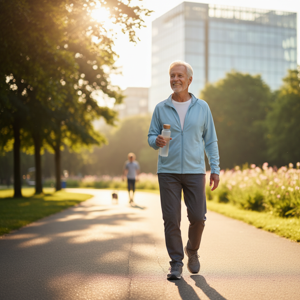 햇볕 아래 산책 중인 시니어가 물병을 들고 있는 모습