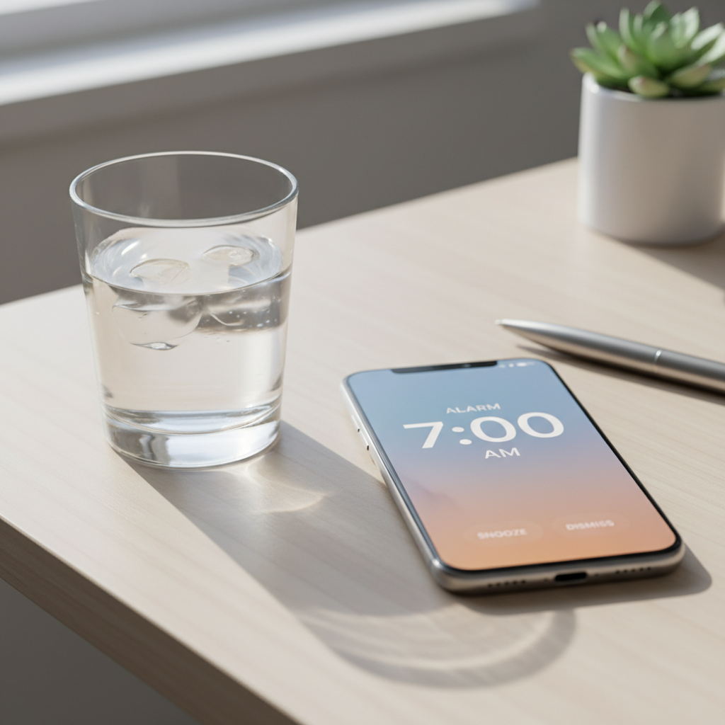 책상 위에 놓인 물컵과 스마트폰 알람 화면