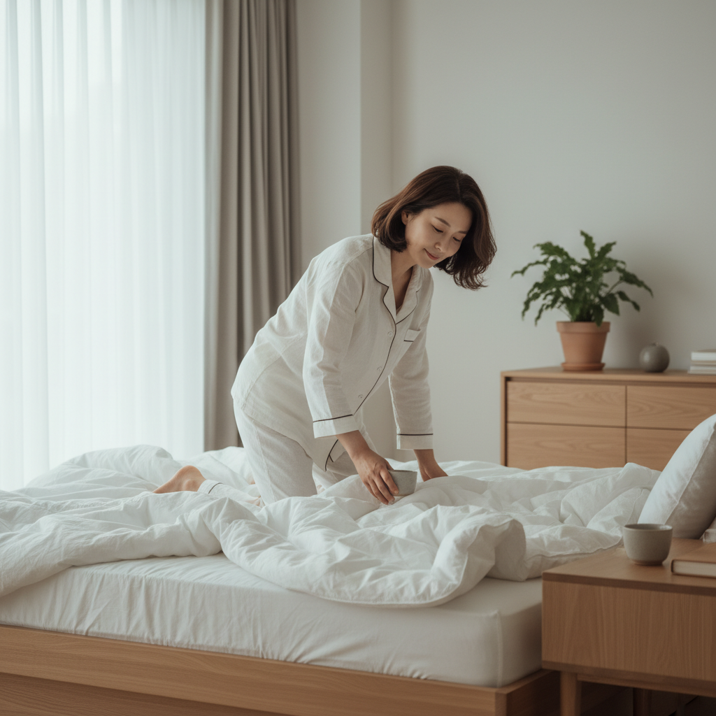 침대에서 천천히 일어나는 중장년 한국인