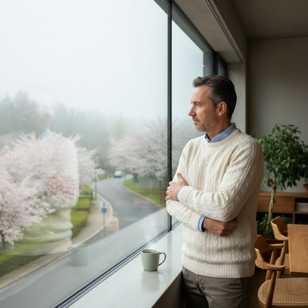 일교차가 큰 봄날 아침 창밖을 보며 팔을 만지는 중년 남성
