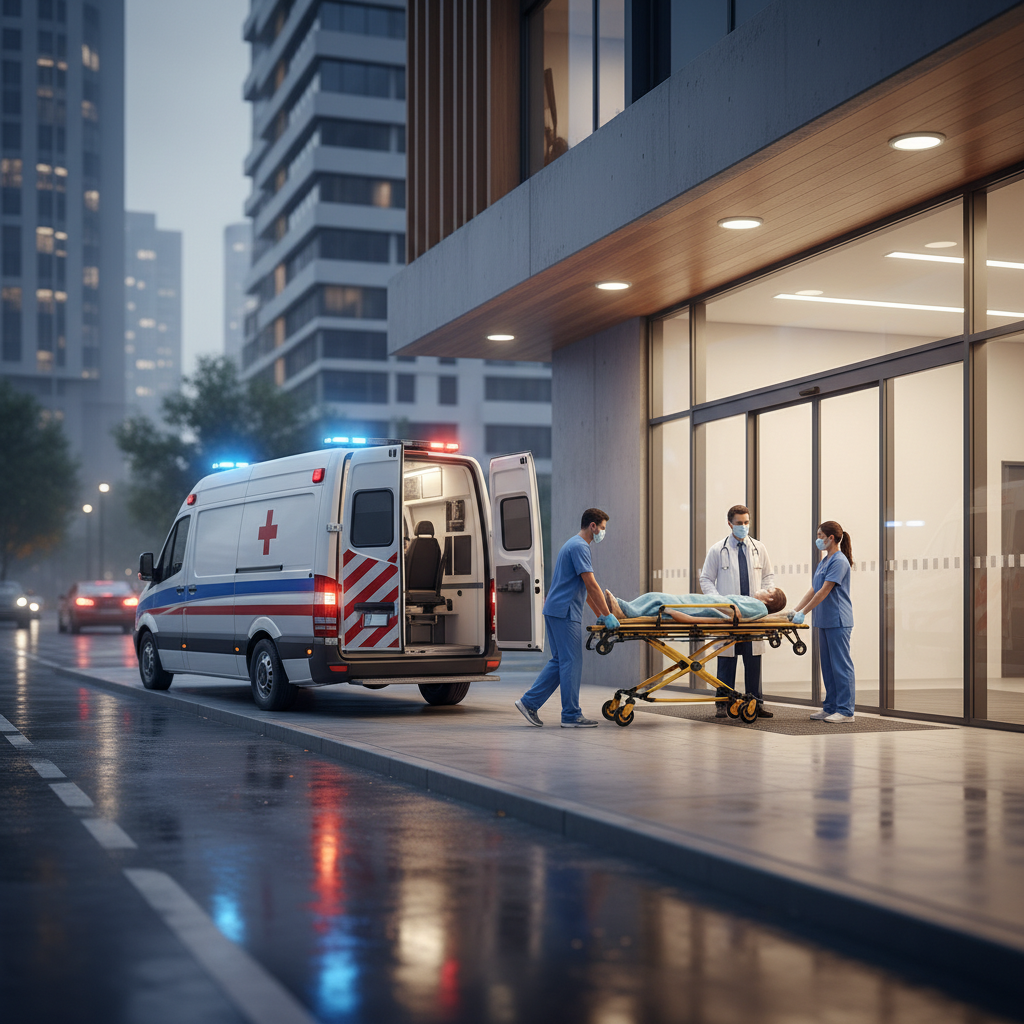 응급실 입구 앞 구급차와 의료진