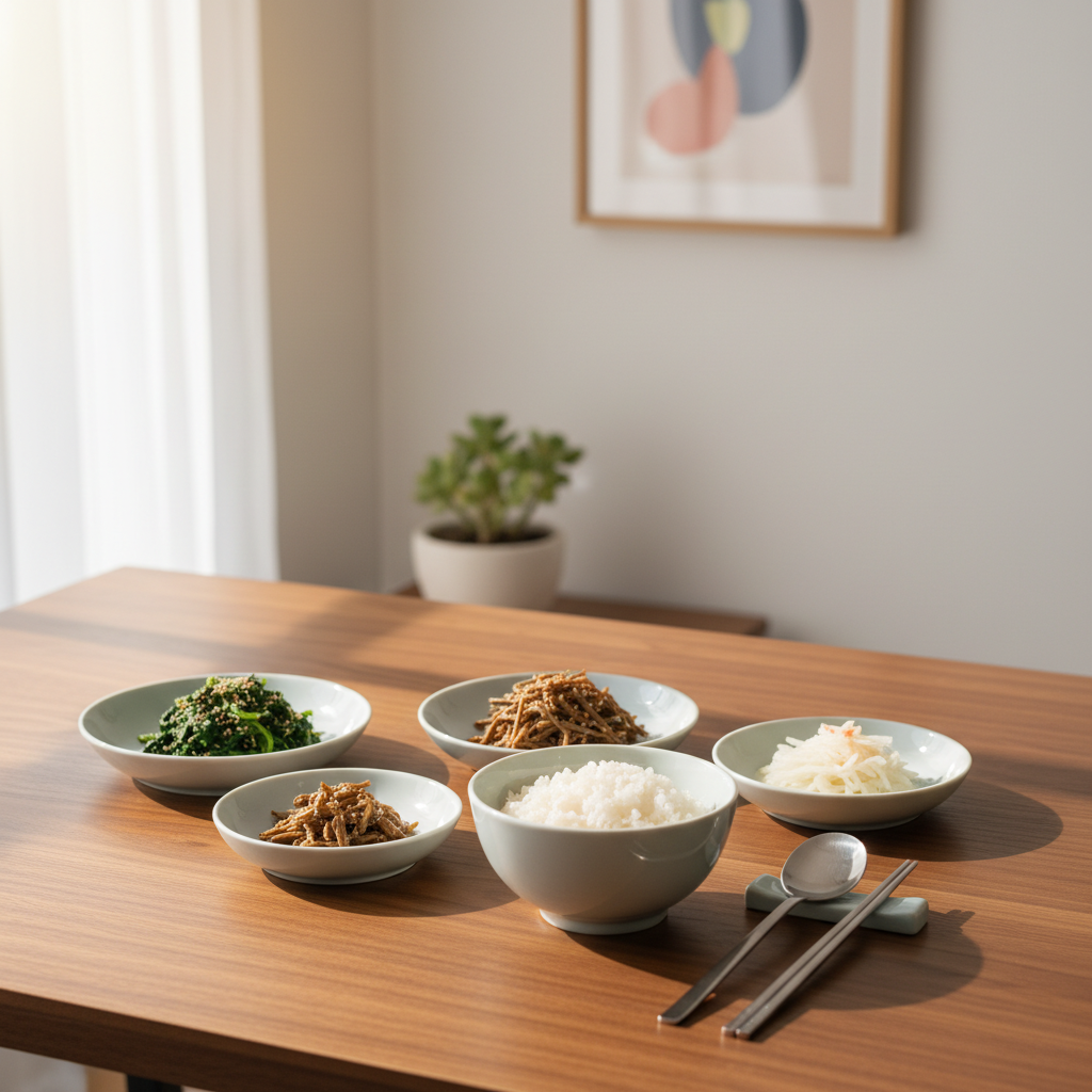 식탁 위에 놓인 밥과 나물 반찬, 자연광이 들어오는 실내