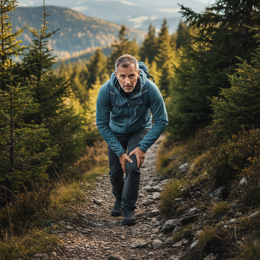 산길을 내려오며 무릎을 짚고 있는 중년 등산객의 모습