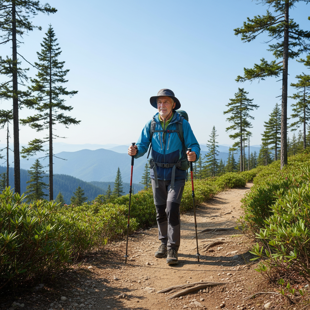 등산 스틱 두 개를 사용하며 산길을 안전하게 내려오는 시니어의 모습