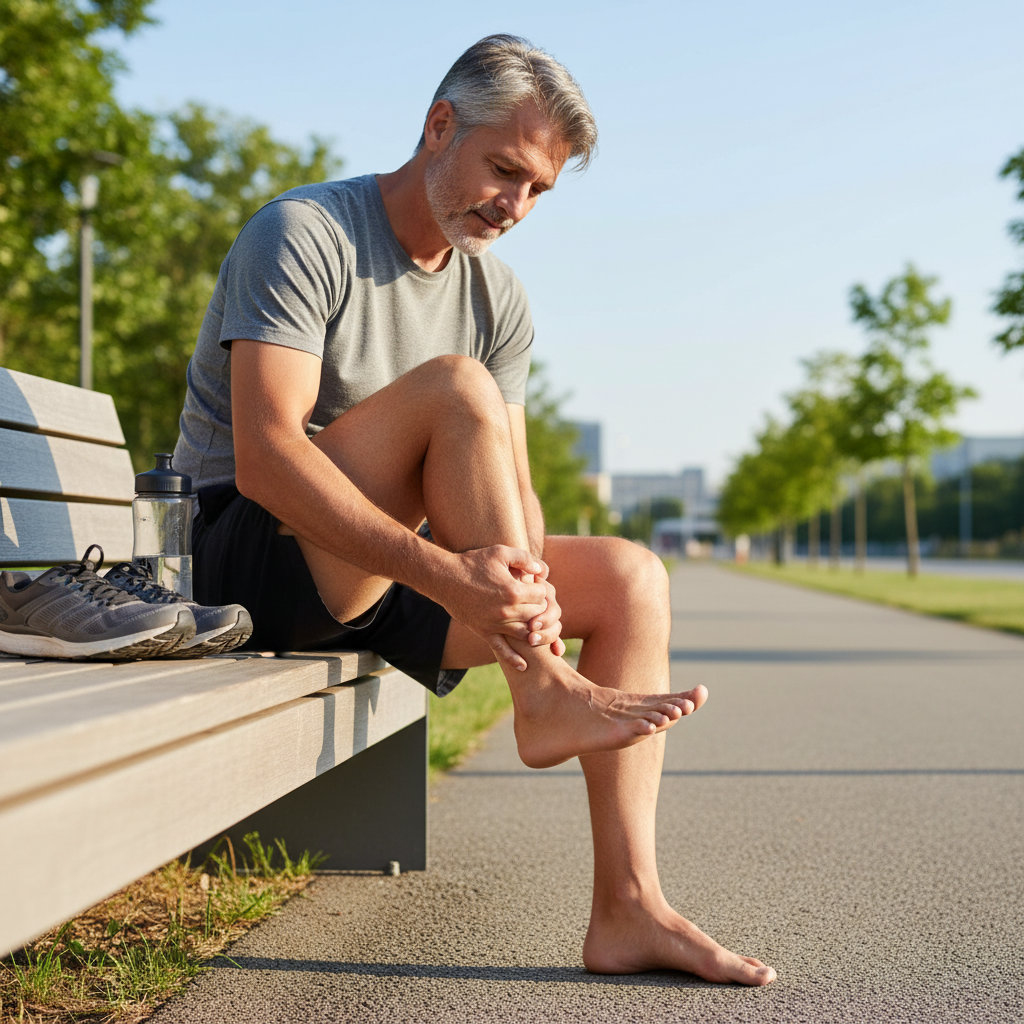 걷기 운동 후 발바닥을 주무르는 중년 남성