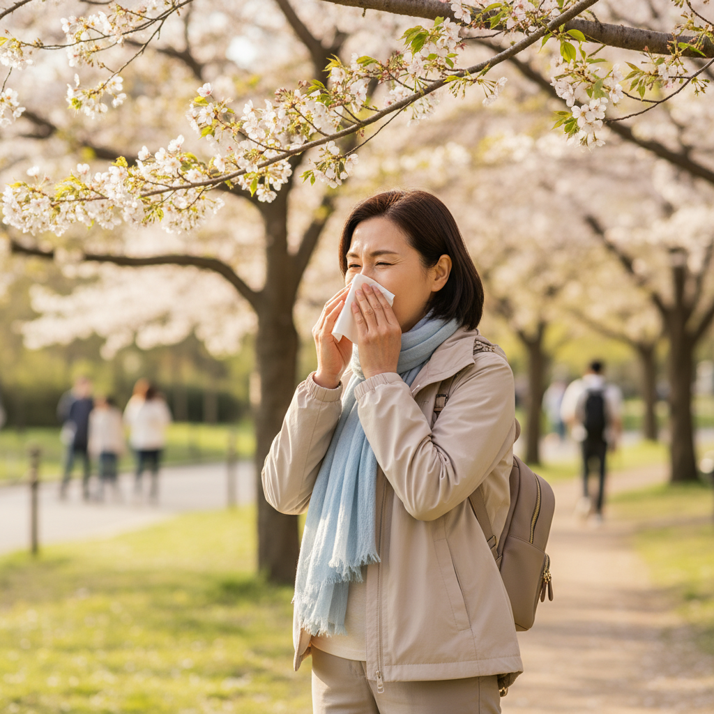 봄철 야외에서 코를 푸는 중장년 여성의 자연스러운 모습