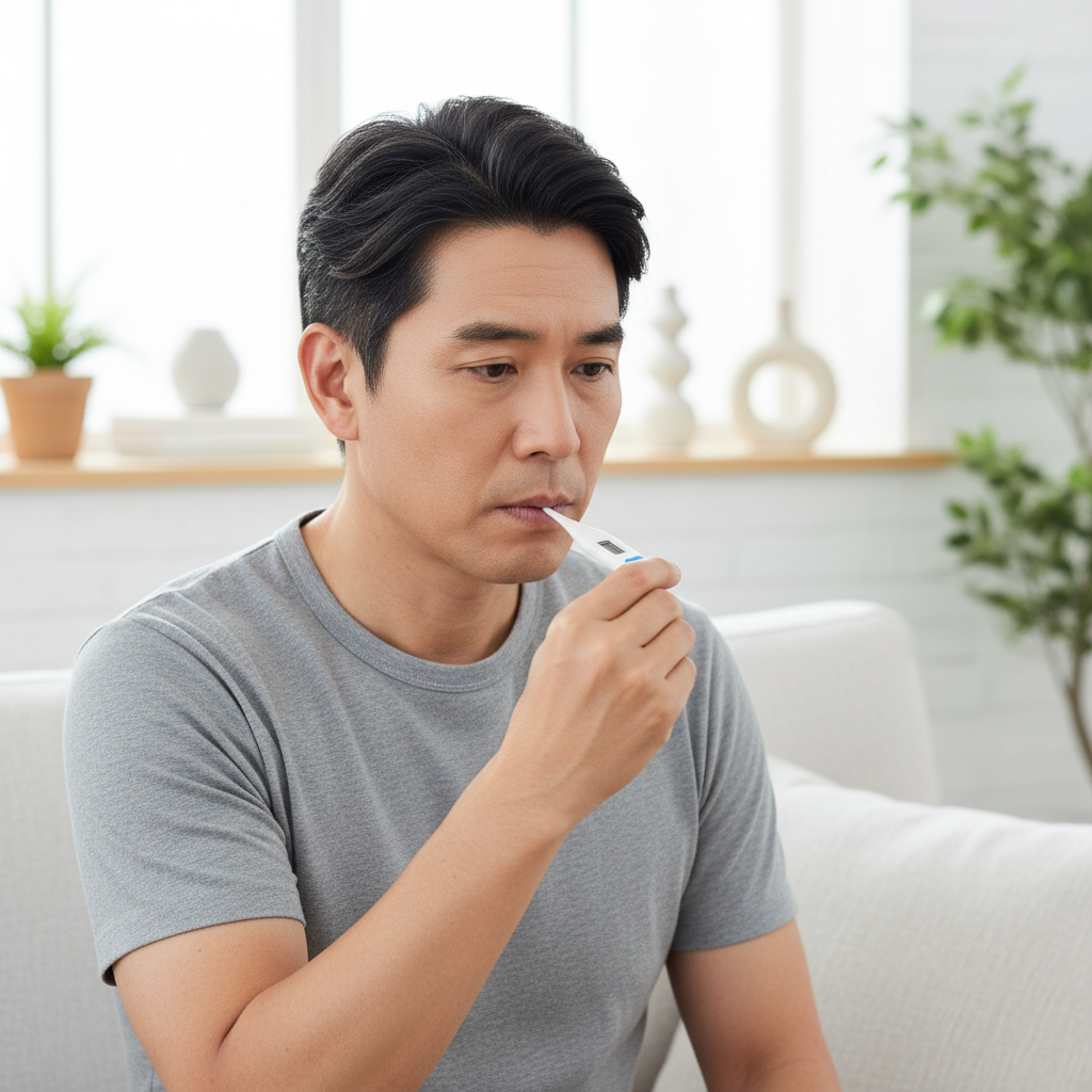 체온계로 체온을 재는 중년 남성의 모습