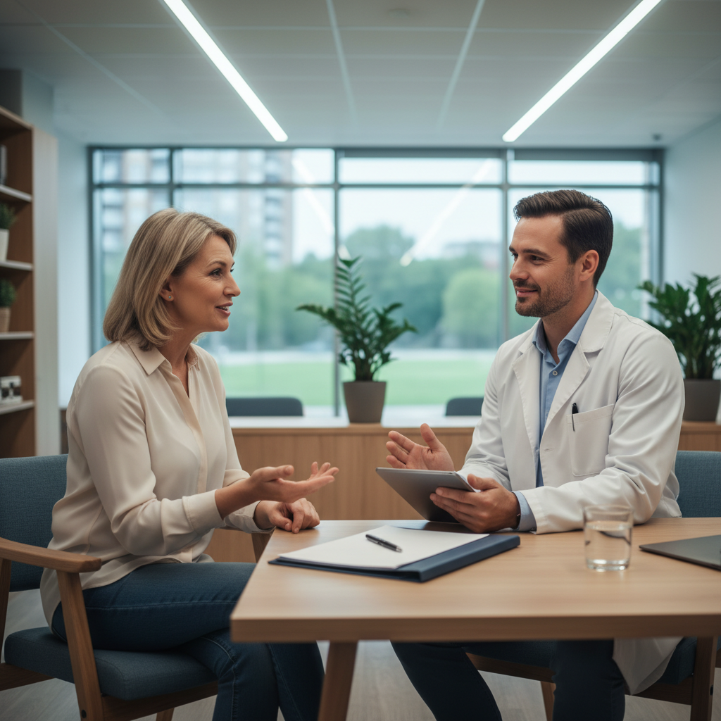 의사와 상담 중인 중년 환자의 자연스러운 장면