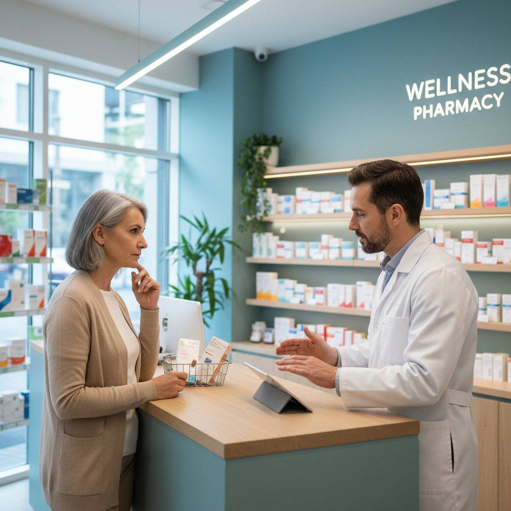 약국에서 약사와 상담하는 중장년 환자의 모습