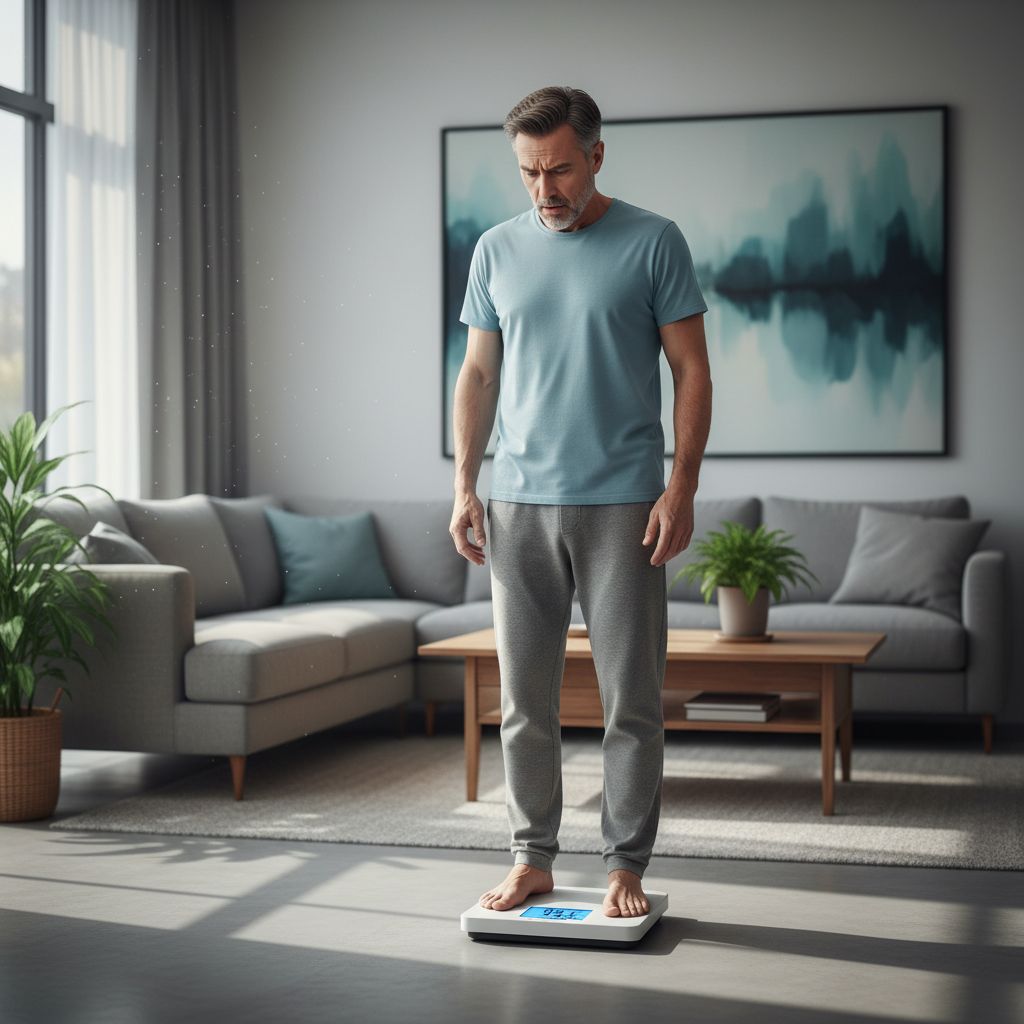 집 거실에서 중장년 남성이 체중계 위에서 걱정스러운 표정으로 몸무게를 확인하는 장면